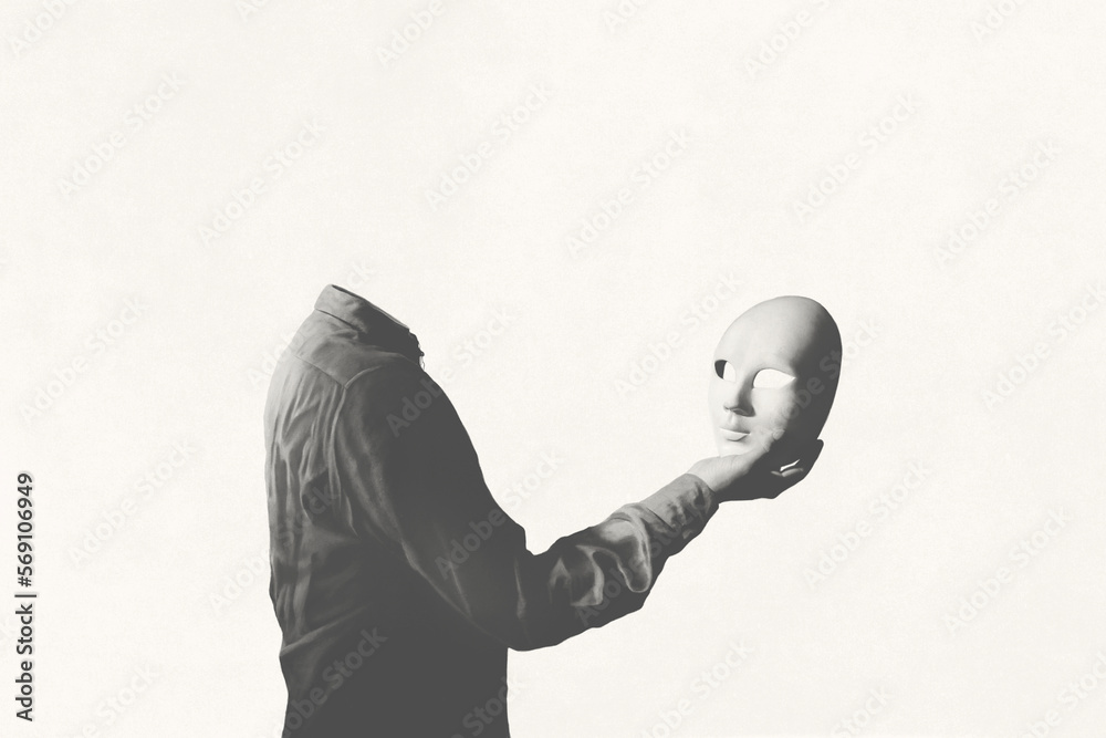 Fototapeta Illustration of man without face holding a mask, surreal abstract concept black