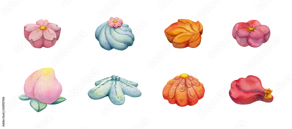 Watercolor hand drawn set of traditional Japanese sweets. Seasonal nerikiri wagashi. Isolated on white background. Design for invitations, restaurant menu, greeting cards, print, textile.