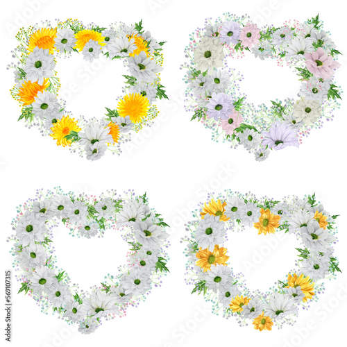 Set of hand-drawn heart-shaped watercolor wreaths with white and yellow chrysanthemum and colored gypsophila