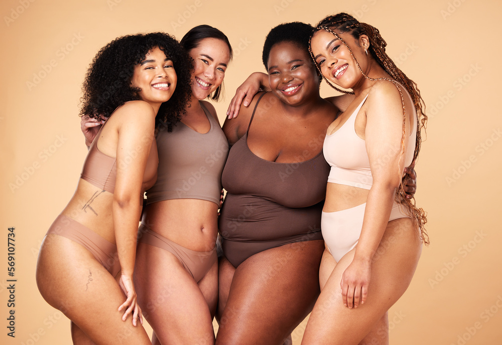 Diversity, body positive and portrait of women group together for