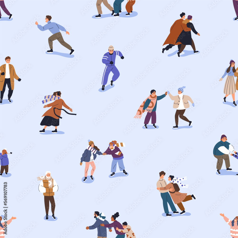 People on ice rink, seamless pattern. Happy characters skating, endless background design. Skaters, families, couples, friends at winter holidays fun, repeating print. Colored flat vector illustration