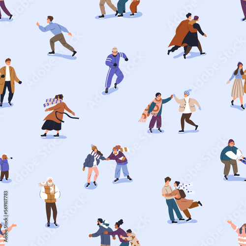 People on ice rink  seamless pattern. Happy characters skating  endless background design. Skaters  families  couples  friends at winter holidays fun  repeating print. Colored flat vector illustration