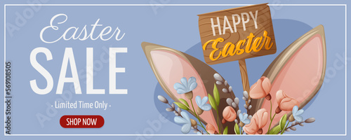 Easter sale. Bunny ears, flowers and willow branches. Wooden board with text. Vector illustration for the spring holiday. Blue horizontal banner, flyer, poster