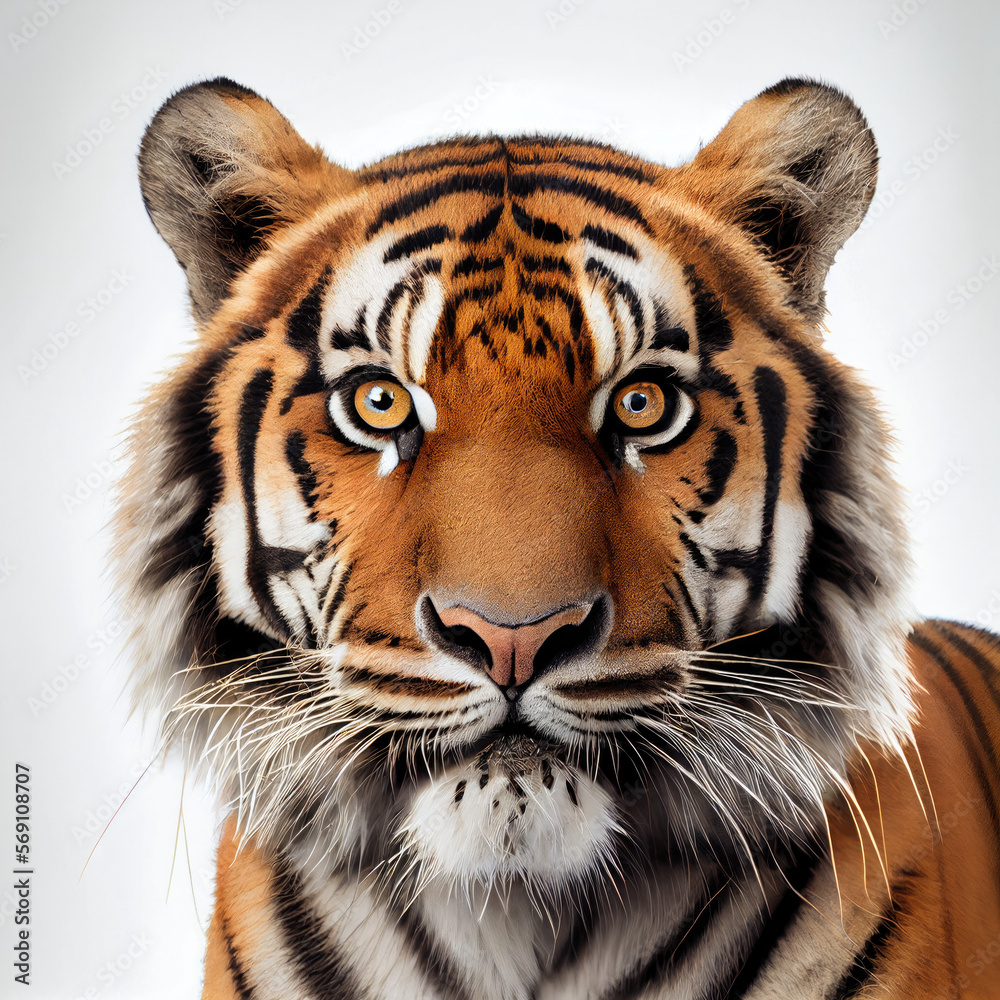 Adult tiger portrait isolated on a white background. Generative AI.