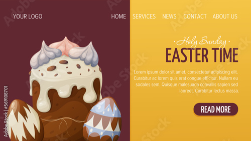 Web page design for Happy Easter. Traditional festive cake with glaze and meringue, colorful eggs. Vector illustration, template for poster, banner, website.