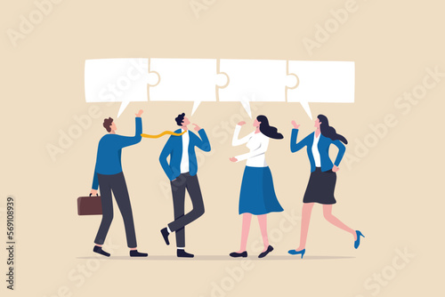 Conversation or communication for success, meeting discussion to get answer or solution, working together, partnership or collaboration concept, business people talk with speech bubble jigsaw connect.