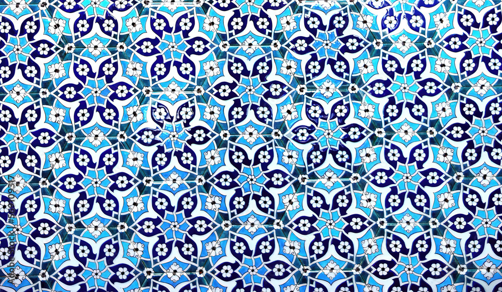Islamic blue and turquoise tile symmetrical pattern illustration background