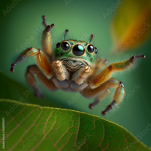 A close-up of a jumping spider leaping across a leaf © Digital Dreamscape