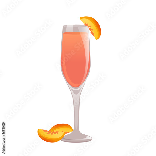 Bellini cocktail. Refreshing summer alcoholic drink with a piece of peach. Prosecco and peach nectar cocktail.