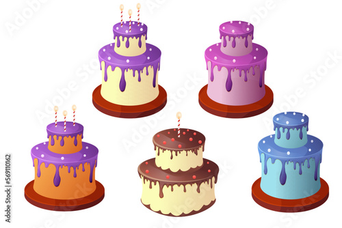 Set birthday cakes with cream, drip, candles, collection anniversary deserts in cartoon style isolated on white background