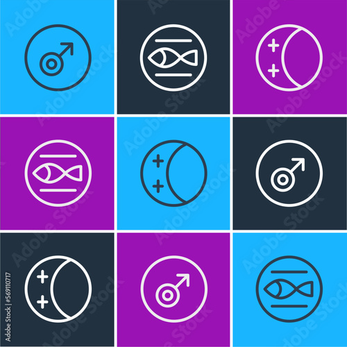 Set line Mars symbol, Eclipse of the sun and Pisces zodiac icon. Vector