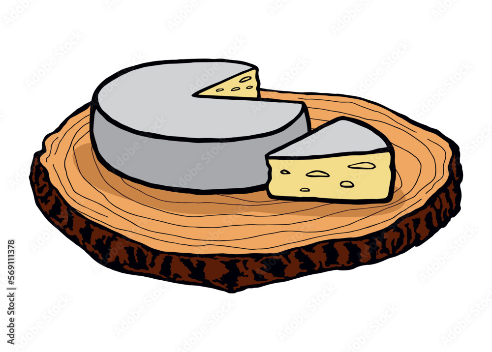 Aromatyczny ser camembert na kawałku drewna. Okrągły kawałek sera, pokrojony francuski ser kremowy. Ser pleśniowy, z pleśnią.  - obrazy, fototapety, plakaty 