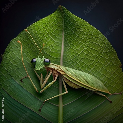 A close-up of a praying mantis perched on a blade of grass photo