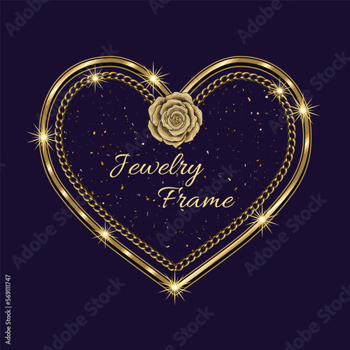 Heart shaped golden frame with rose flower, gold chain, small glittering particles, copy space. Logo, emblem, badge for anniversary, gift decoration on dark background