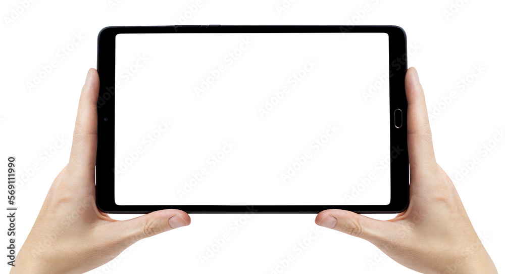 Tablet computer with blank screen in hands, cut out Tablet computer with blank screen in hands, cut out