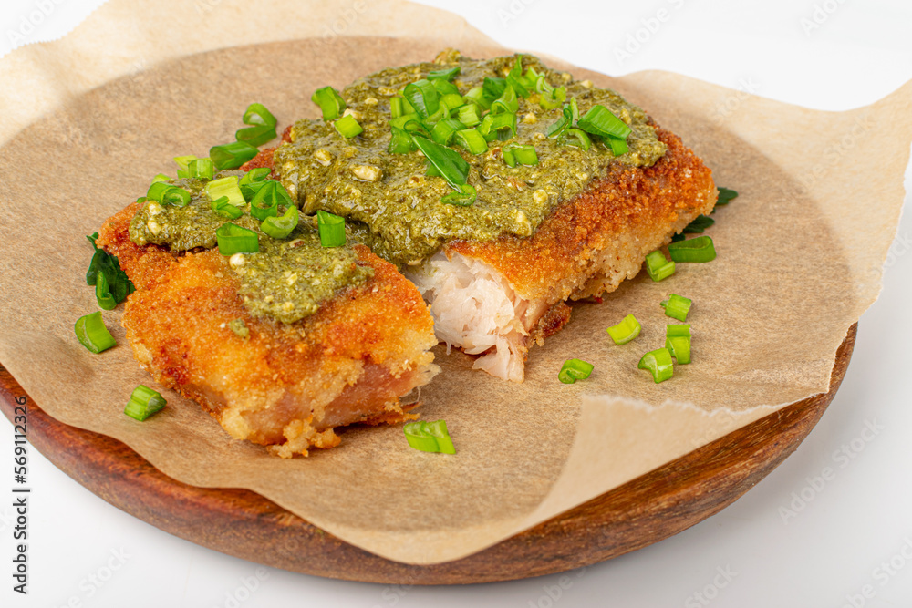 White Fish with Pesto, Grilled Cod Fillet with Green Sauce, Crispy Amritsari in Breadcrumbs, Pesto Fish on White White Fish with Pesto, Grilled Cod Fillet with Green Sauce, Crispy Amritsari in Breadcrumbs, Pesto Fish on White