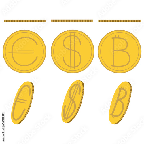 Metal coins of euro, dollar and bitcoin in three projections on a white background. Money vector illustration.