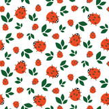 Seamless pattern with ladybugs and leaves on white. Insects background