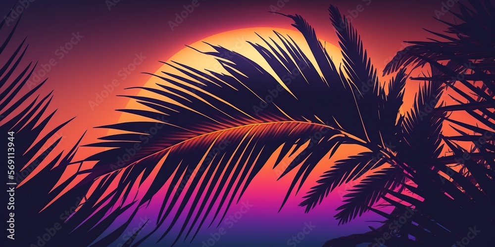 Sunset background with palm leaves from the beach. Generative AI 