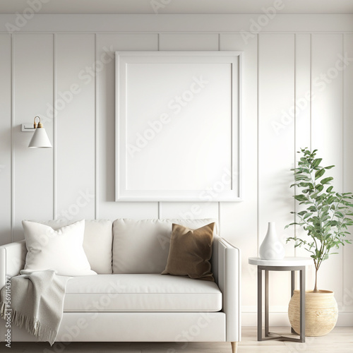 A warm and inviting farmhouse living room with blank frame mockup Generative AI