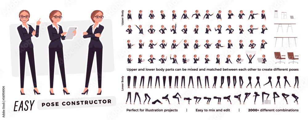 Businesswoman character easy pose constructor. Office girl drag, drop set, female manager body match, secretary figure building. Vector flat style cartoon construction kit isolated on white background - obrazy, fototapety, plakaty 