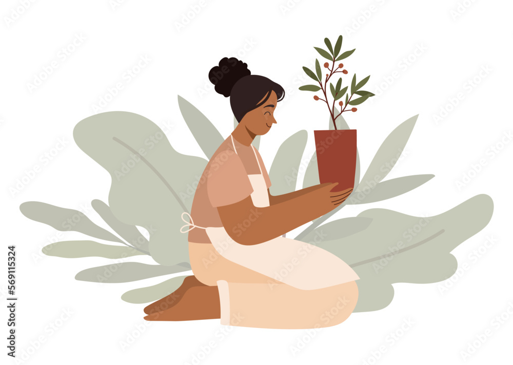 African woman in apron holding a plant tree in pot. Female gardener concept. Isolated on white. African woman in apron holding a plant tree in pot. Female gardener concept. Isolated on white.