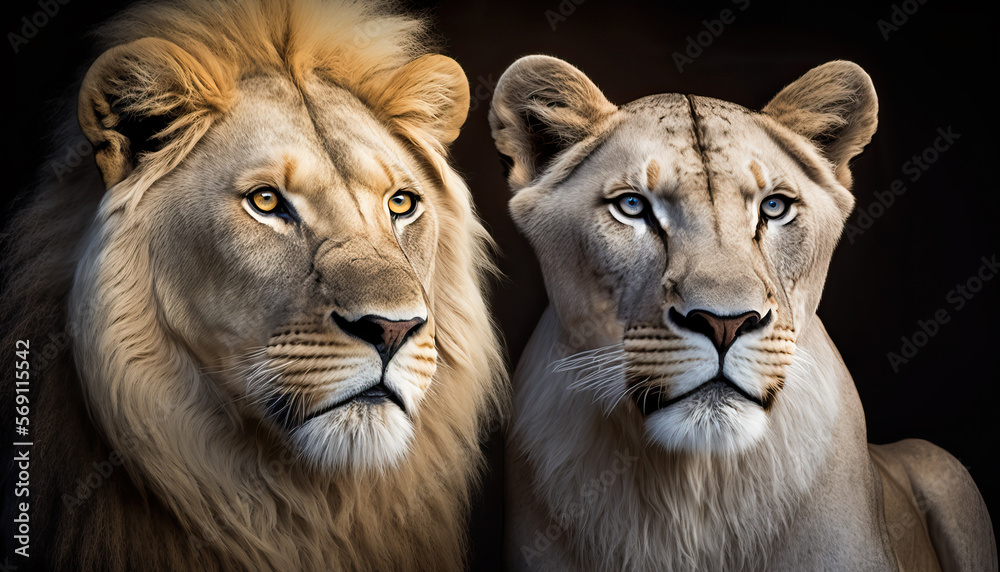 Pair of adult Lions. Majestic African loving lion couple. Mighty wild animal.  Post-processed generative AI	
