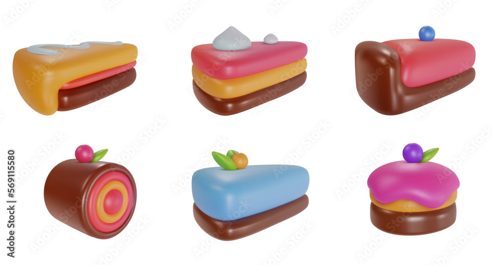 Set 3d realistic vector piece of cake or cheesecake in cartoon minimal style. Holiday colorful tasty dessert icon. Bright glossy sweet food element. Collection creative cute child art illustration. Set 3d realistic vector piece of cake or cheesecake in cartoon minimal style. Holiday colorful tasty dessert icon. Bright glossy sweet food element. Collection creative cute child art illustration.