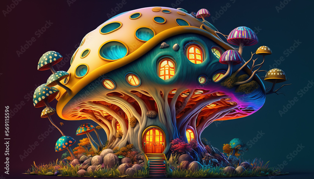 Fairytale house in a giant fantasy mushroom. House of mystical creatures in a fairy forest. Post-processed generative AI  
