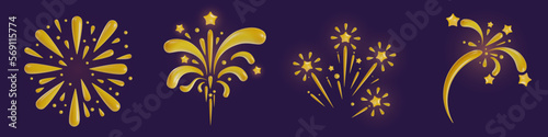 Set 3d cartoon festive fireworks in realistic minimal style. Collection holiday color decoration elements. Cute explosion effect. Vector kids illustration.