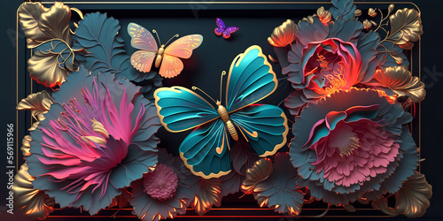 Tropical leaves  large exotic flowers and butterflies frame. Exotic botanical design for cosmetics  spa  perfume  beauty salon  travel agency  florist shop. Post-processed generative AI 