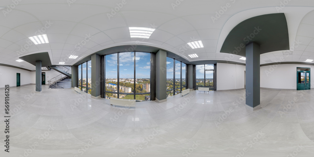 full seamless spherical hdri 360 panorama view in empty modern hall with columns and panoramic windows overlooking city from skyscraper in equirectangular projection, ready for AR VR content - obrazy, fototapety, plakaty 