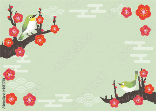 可愛いメジロと紅梅のフレーム（抹茶）