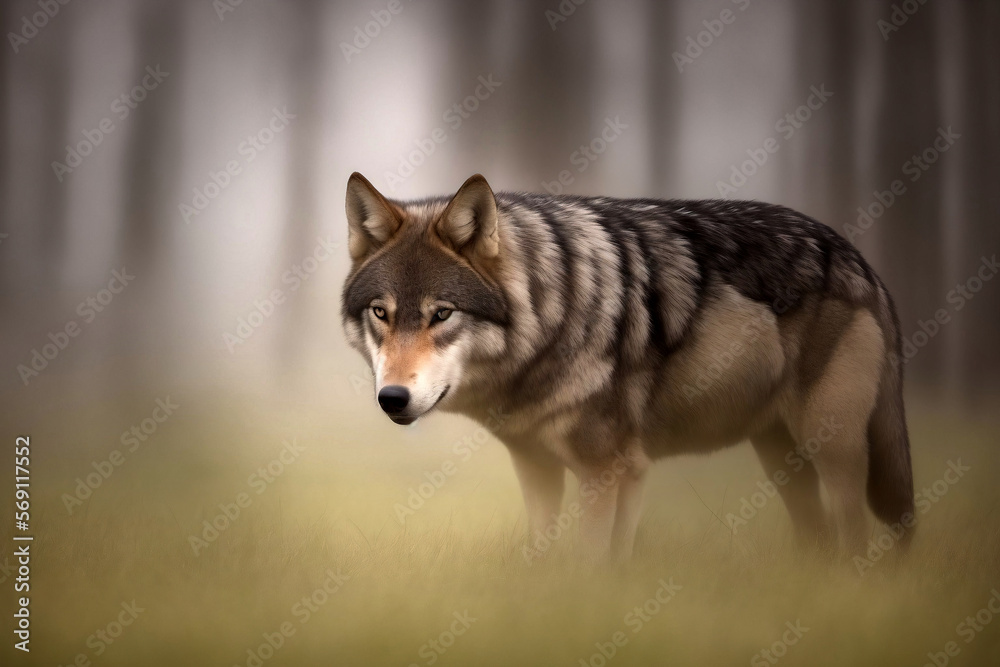 Lone wolf in the hazy fog at dawn in the forest, made with generative AI