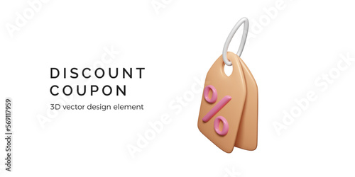 Discount coupon 3D. Realistic tag price in cartoon style