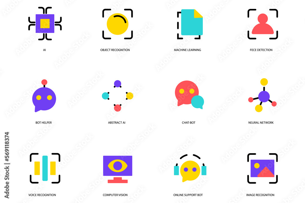 AI set of flat icons concept in the flat cartoon design. Set present images that are associated with artificial intelligence. AI set of flat icons concept in the flat cartoon design. Set present images that are associated with artificial intelligence.