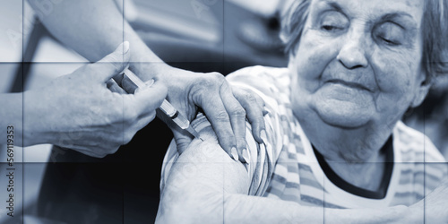 Senior woman getting an injection, geometric pattern