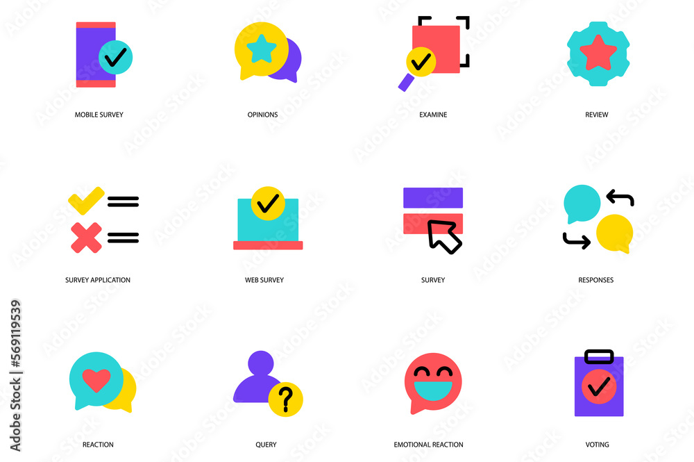 Survey set of icons concept in the flat cartoon design. Different types of survey that can be conducted among the people. Survey set of icons concept in the flat cartoon design. Different types of survey that can be conducted among the people.