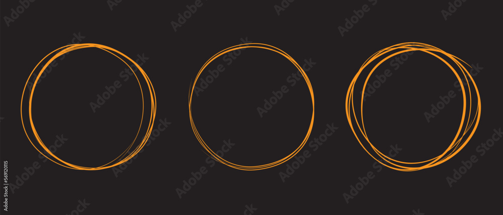 Orange circle line hand drawn set. Highlight hand drawing circle isolated on background. Round handwritten circle. For marking text, note, mark icon, number, marker pen, pencil and text check, vector Orange circle line hand drawn set. Highlight hand drawing circle isolated on background. Round handwritten circle. For marking text, note, mark icon, number, marker pen, pencil and text check, vector