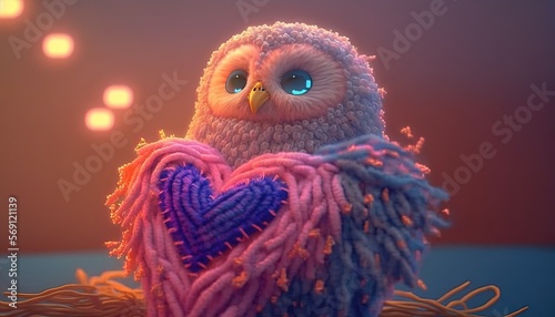  an owl with blue eyes sitting on a nest with a heart shaped object in it's beak and a string of yarn around its neck. generative ai