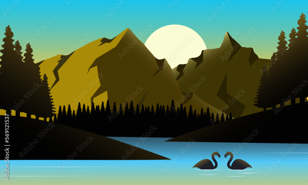 Beautiful Moutains and River at Sunrise Landscape With Pine, Goes, Swan, and Sun. Mountain and River Wallpaper Background. Eps 10 Vector
