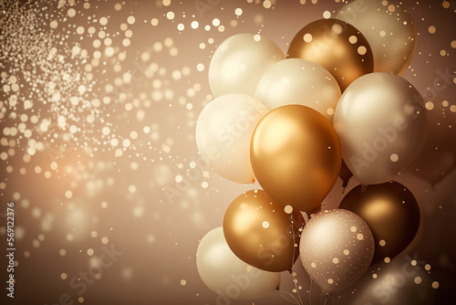 Gold and pearl balloons with a beautiful bokeh of lights in the blurred background. Generative AI