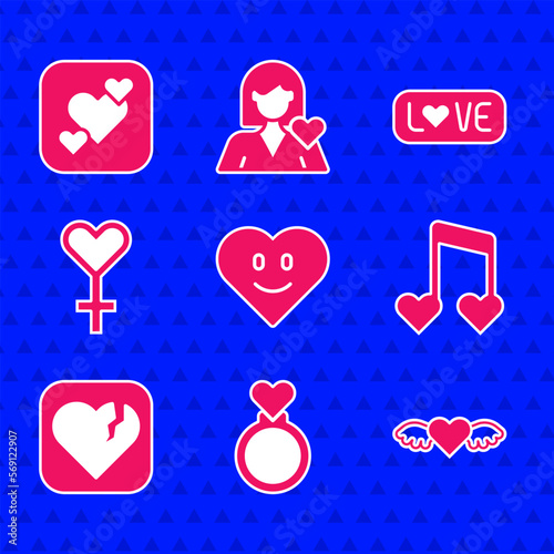 Set Heart, Wedding rings, with wings, Music note, tone hearts, Broken or divorce, Female gender symbol, Love text and icon. Vector