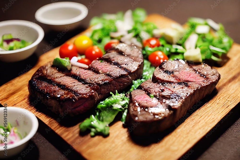 steaks made for dinner or lunch concept with salad, balanced meal with lettuce and tomatoes closeu up top view, red meat. generative ai steaks made for dinner or lunch concept with salad, balanced meal with lettuce and tomatoes closeu up top view, red meat. generative ai