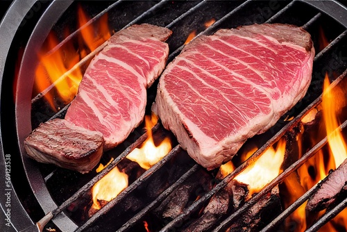 raw steaks over a grill, just started grilling, grill marks, fat marble, delicious steaks of red meat ready for a barbecue party,generative ai