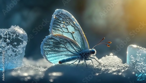  a blue butterfly sitting on top of a pile of ice cubes on top of a snow covered ground next to a sunlit window.  generative ai photo