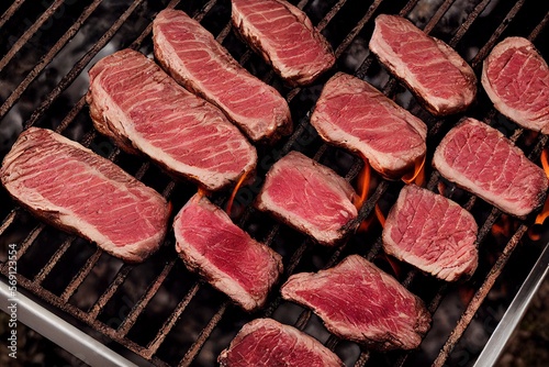 raw steaks over a grill, just started grilling, grill marks, fat marble, delicious steaks of red meat ready for a barbecue party,generative ai