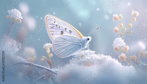 a white butterfly sitting on top of a snow covered branch of a plant in the snow with snow flakes on it's sides.  generative ai © Anna