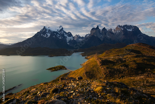 Torres del Paine National Park sunset view. Torres del Paine, mountain views, mountains, glaciers, lakes and rivers. Patagonia Chile.