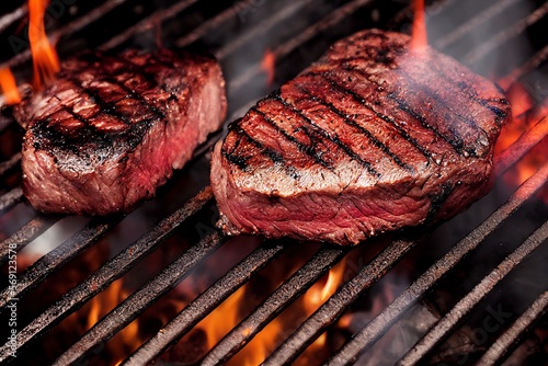 beef steaks on a grill with fire around it, barbecue party concept with delicious red meat, generative ai